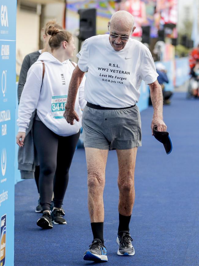 Oldest competitor Victor Williams, 92, crosses the finish line in the Southern Cross University 10km race. Photo: Tim Marsden