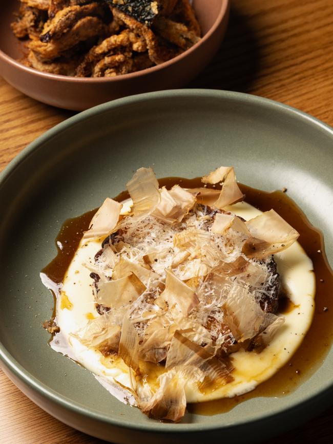 Risotto al salto with parmesan cream and bonito flakes. Picture: Supplied