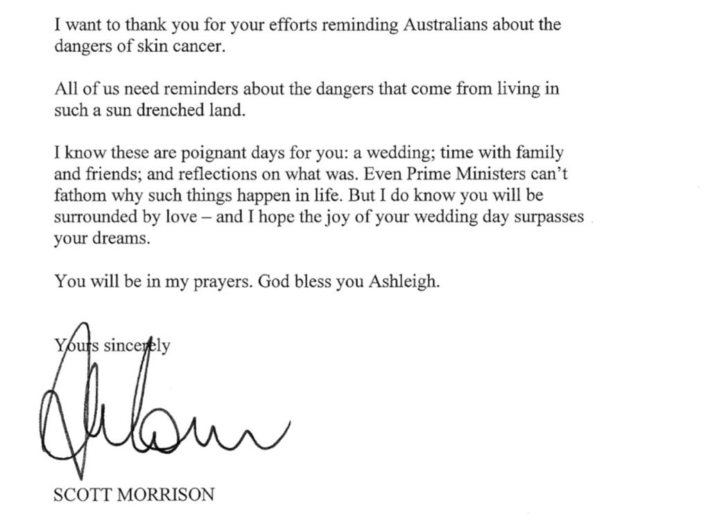 Prime Minister Scott Morrison sent Ashleigh a letter ahead of her wedding. Picture: GoFundMe