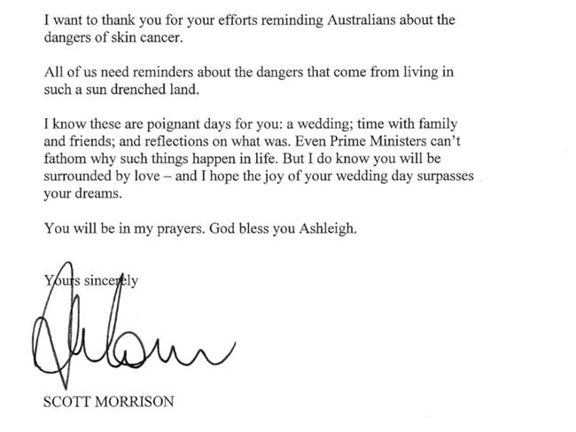 Prime Minister Scott Morrison sent Ashleigh a letter ahead of her wedding. Picture: GoFundMe