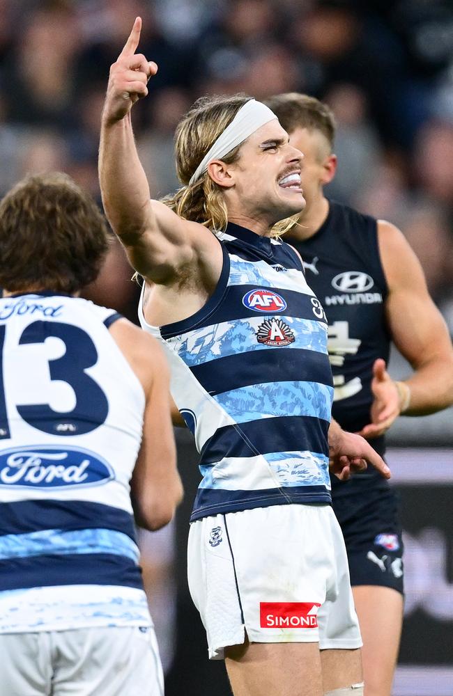 Bailey Smith celebrates a goal against Carlton. Picture: Quinn Rooney/Getty Images.