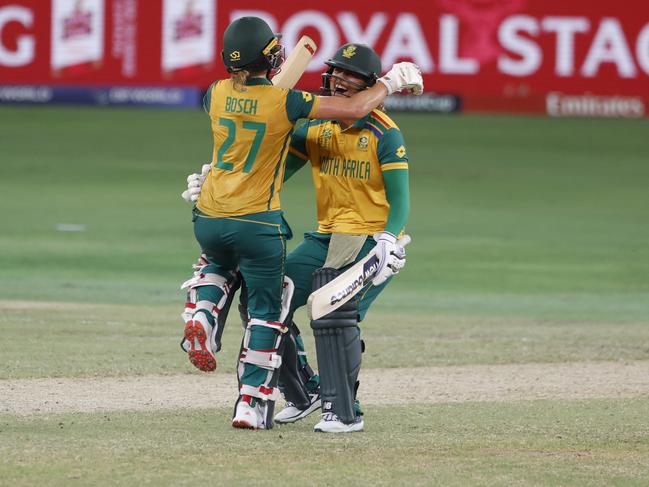 Anneke Bosch celebrates pulling of the staggering upset of Australia. Picture: Getty