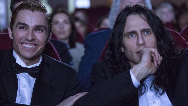 This image released by A24 shows Dave Franco, left, and James Franco in a scene from 