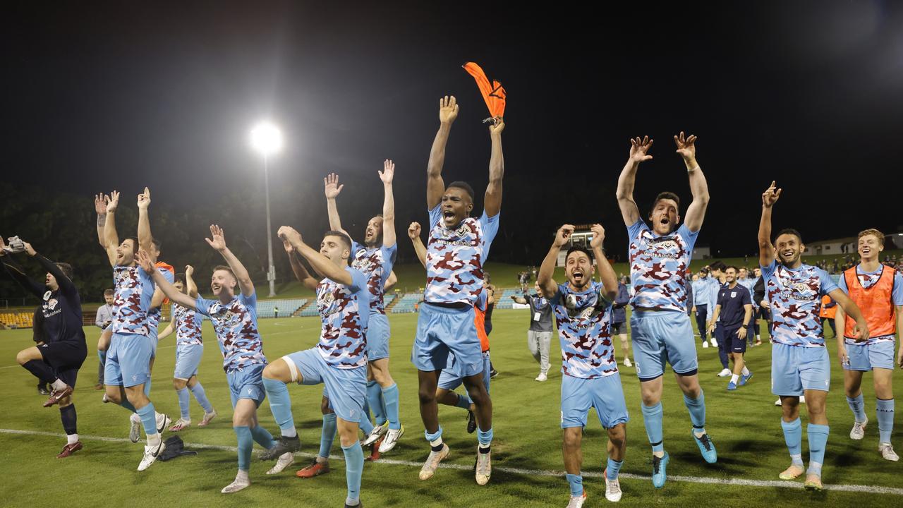 APIA Leichhardt players celebrate knocking Western Sydney Wanderers out of the FFA Cup. Picture: Jenny Evans/Getty Images