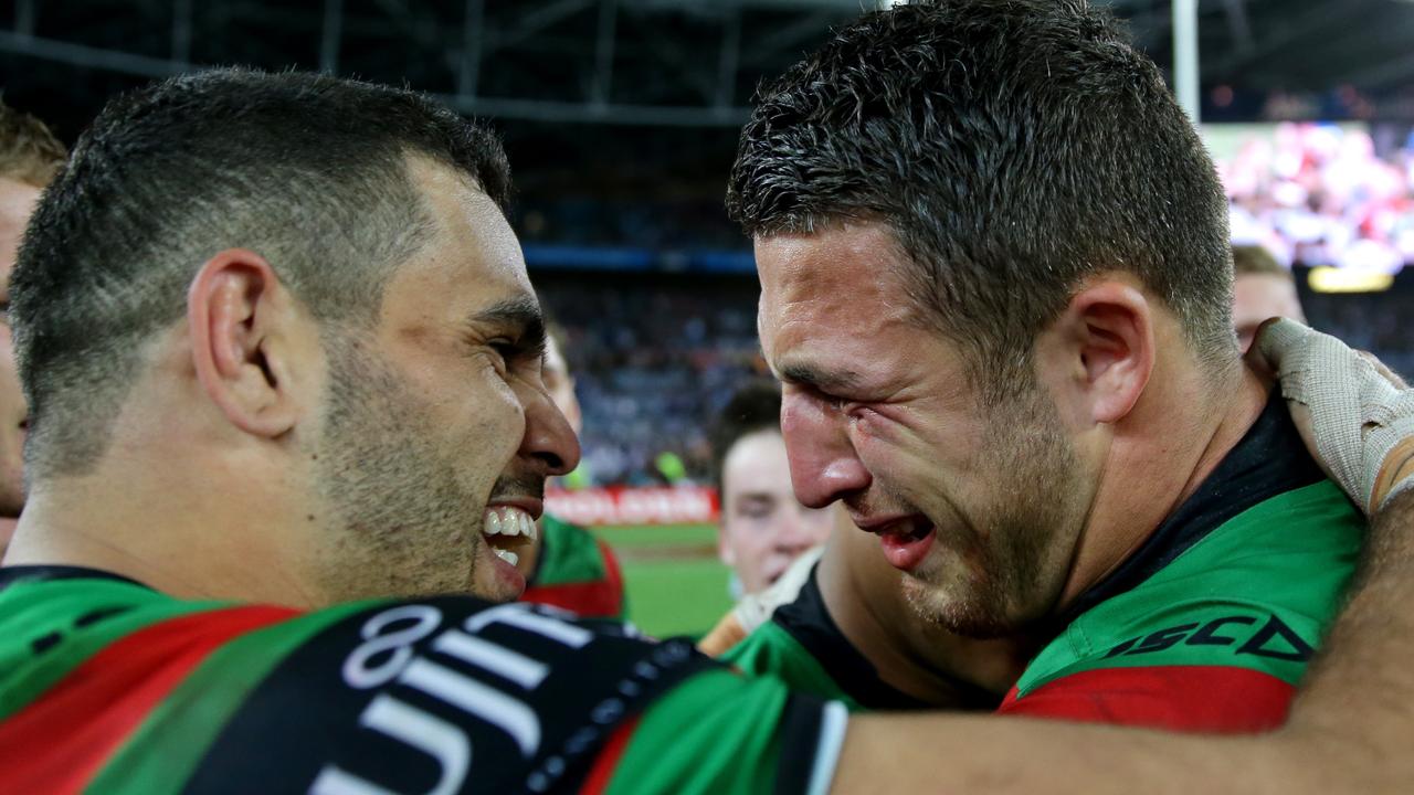 South Sydney's Sam Burgess in tears hugged by Greg Inglis after winning the 2014 NRL Grand Final between the South Sydney Rabbitohs and the Canterbury Bankstown Bulldogs at ANZ Stadium .Picture Gregg Porteous