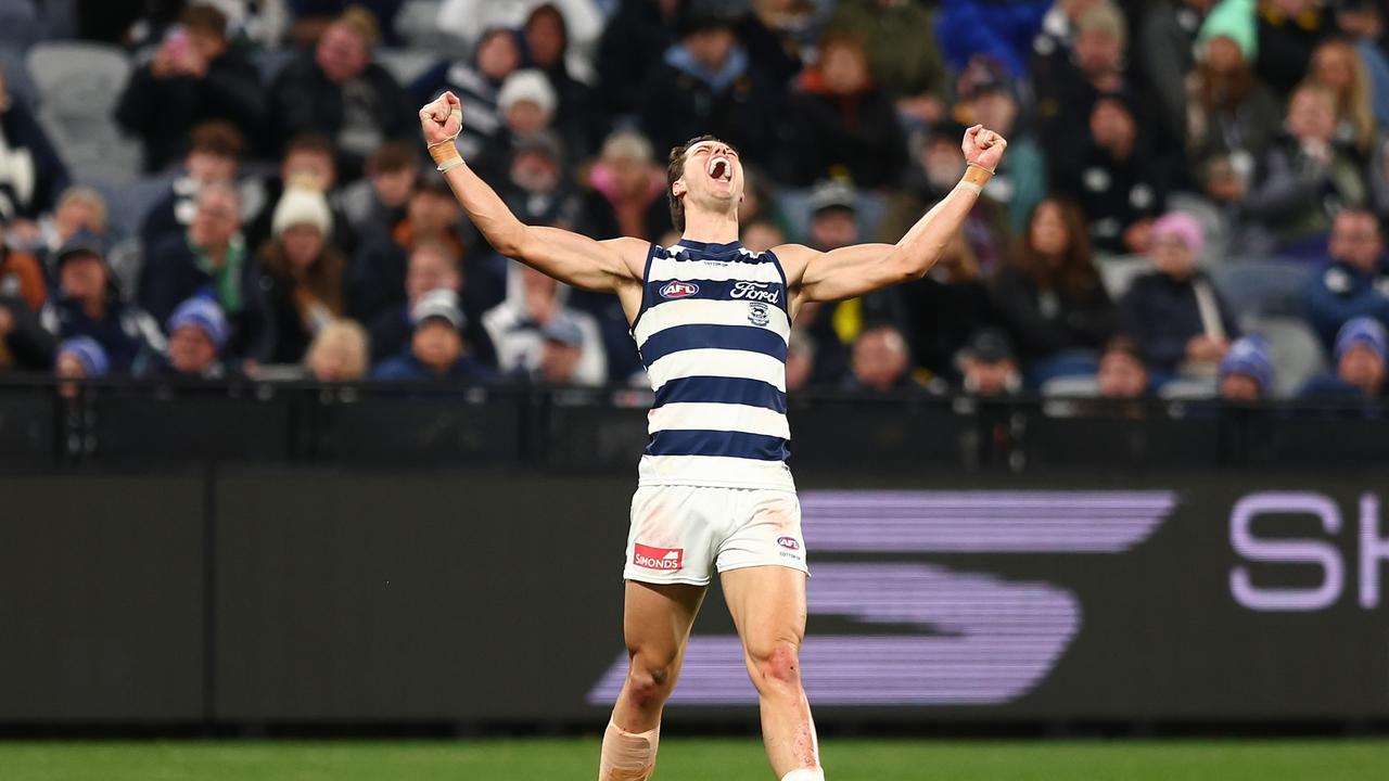 Neale celebrates one of his two goals against the Tigers. Picture: Graham Denholm/Getty Images