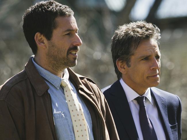 This image released by Netflix shows Adam Sandler, left, and Ben Stiller in " The Meyerowitz Stories." (Atsushi Nishijima/Netflix via AP)