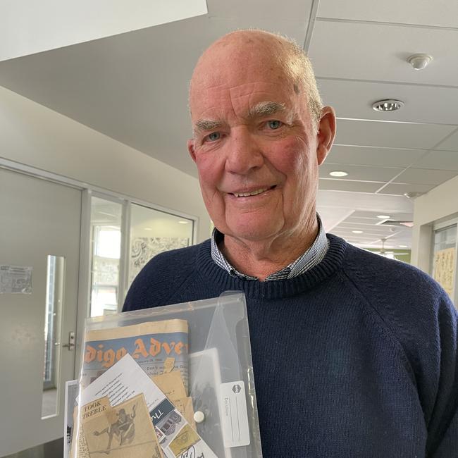 Tony McEniry, with news clippings from his time at Strathfieldsaye Primary School. Picture: Julieanne Strachan