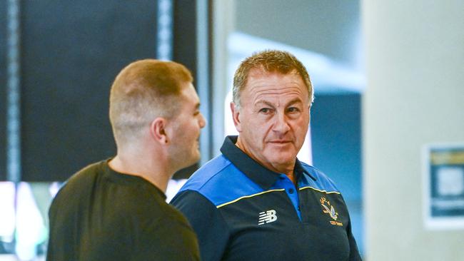 Gaza president Don Rosella (right) arrives for the Gaza Football Club appeal for years of salary cap breaches dating back to 2018 at the SANFL Tribunal at Adelaide Oval. Picture: Mark Brake