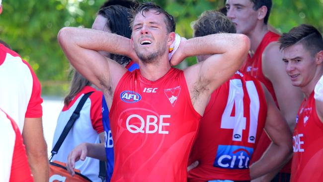 Sydney’s Luke Parker recovers during a training session at Coffs Harbour. Picture: Nathan Edwards