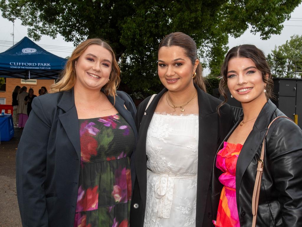 (From left) Ellie Potts-Smith, Sana Imran and Lauren O’Dea. Weetwood Raceday at Toowoomba Turf Club. Saturday, September 28, 2024. Picture: Nev Madsen