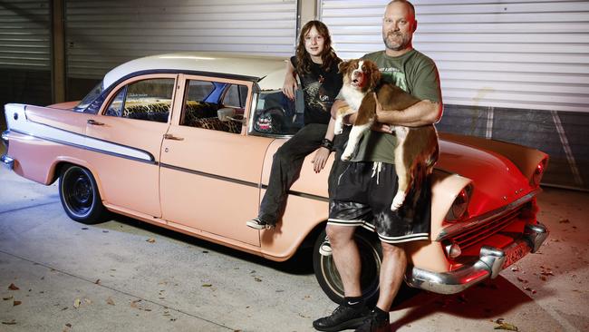 Matt O'Shea with his 1962 EK Holden, daughter Ivy and their dog, Leaf. Picture: Richard Dobson