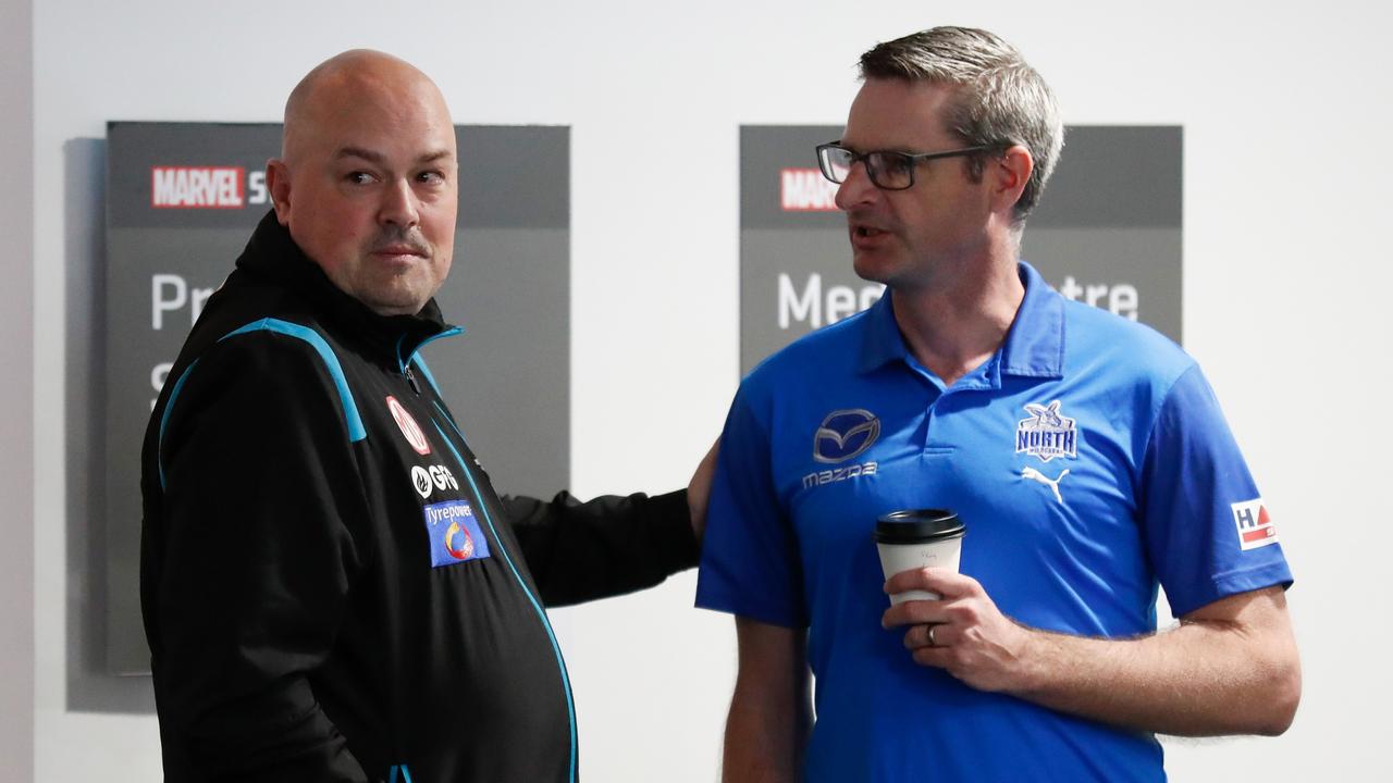 Port Adelaide footy boss Chris Davies with Roos equivalent Brady Rawlings during last year’s trade period. Picture: Michael Willson/AFL Photos