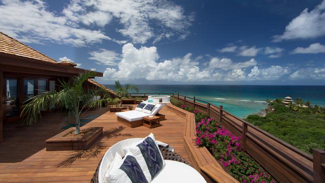 A view from the deck of Richard Branson’s property on his private island, Necker Island. Picture: Jack Brockway