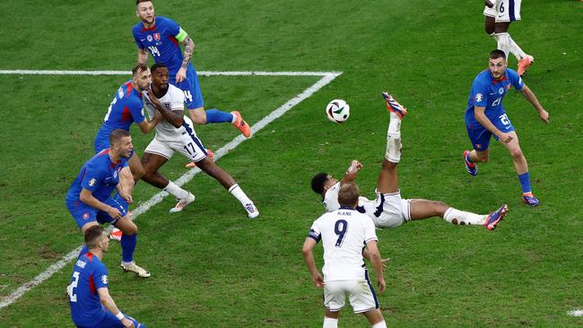 England's Jude Bellingham scores his team's equaliser against Slovakia at the Euros in Germany. Picture: AFP