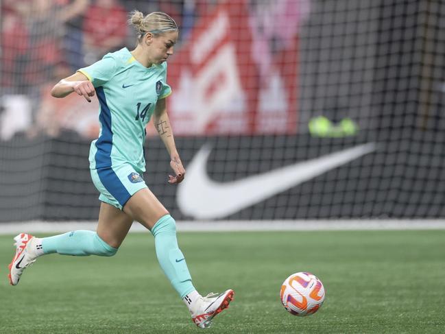 Alanna Kennedy gets set to play a pass for the Matildas against Canada. Picture: Craig Mitchelldyer/Getty Images for Football Australia