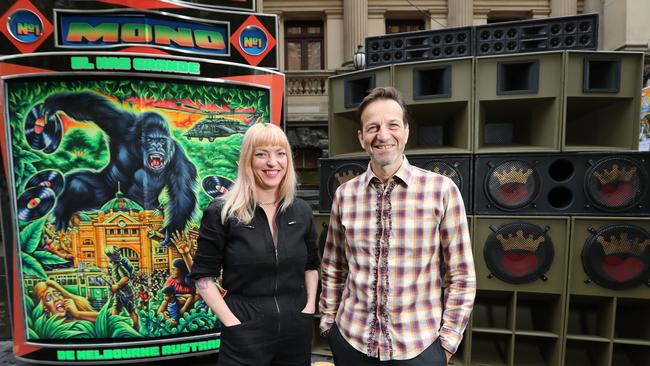 Rising’s creative directors Hannah Fox and Gideon Obarzanek with sound systems that will feature at Heavy Congress, a bass-heavy battle for music supremacy. Picture: Alex Coppel.