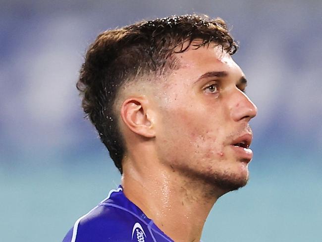 SYDNEY, AUSTRALIA - MARCH 20:  Jake Averillo of the Bulldogs looks dejected after defeat during the round two NRL match between the Canterbury Bulldogs and the Brisbane Broncos at Accor Stadium, on March 20, 2022, in Sydney, Australia. (Photo by Mark Kolbe/Getty Images)