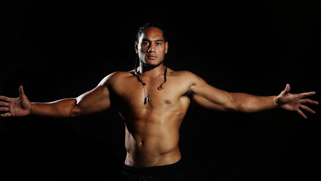 Marty Taupau of the Manly rugby league team poses for a portrait at the Sydney Academy of Sport, Narrabeen. Picture:  Brett Costello