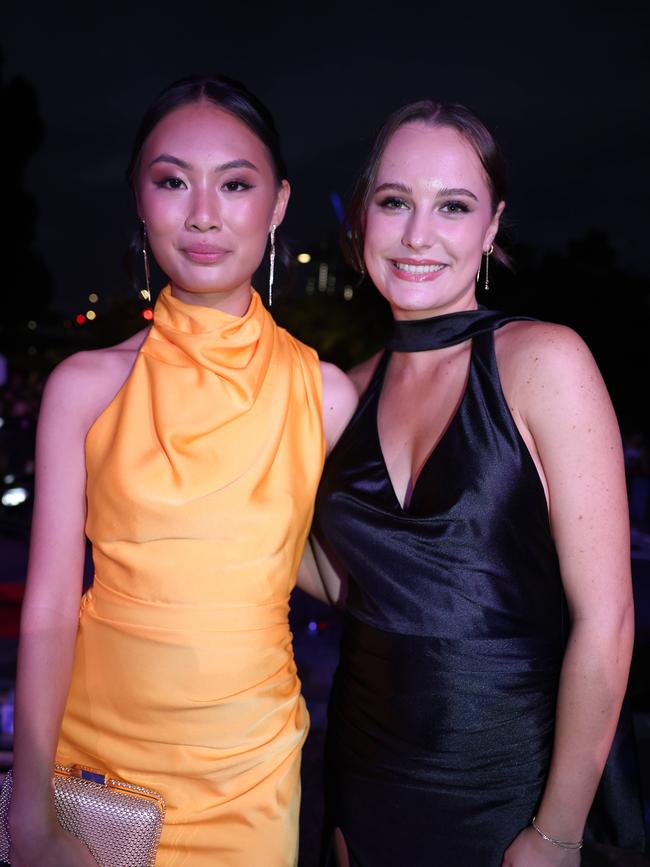 Evie Tuppen and Tara Jackelat the Emmanuel College class of 2025 formal at HOTA for Gold Coast at Large. Picture, Portia Large.