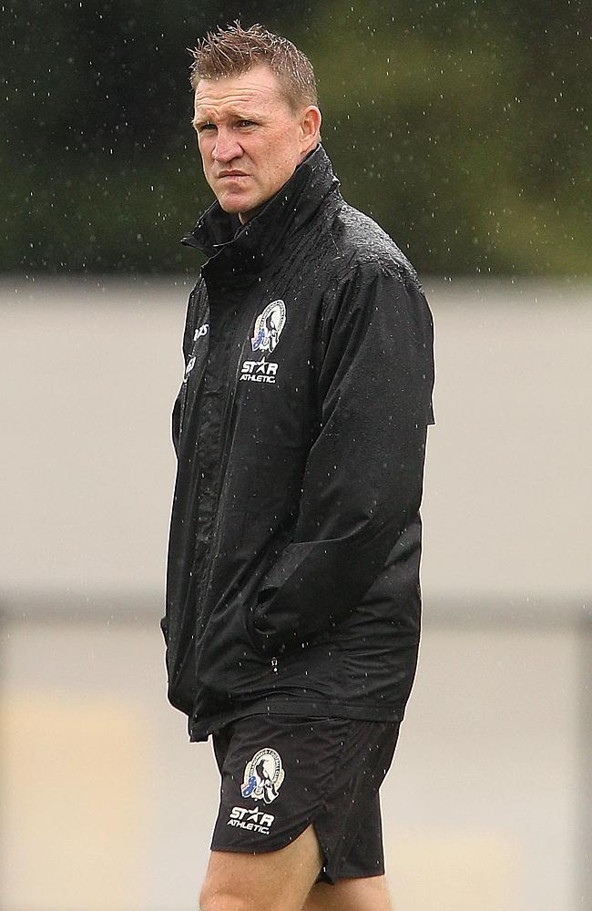 Nathan Buckley deep in thought at Collingwood training this week.