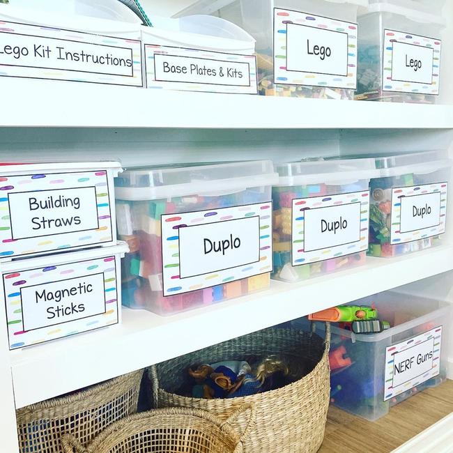 She also recently redesigned her kids’ playroom saying the key to organising a kids space is ‘placement of items’, ‘visibility’ and ‘clear labelling’. Picture: Instagram/OurOrganisedAbode