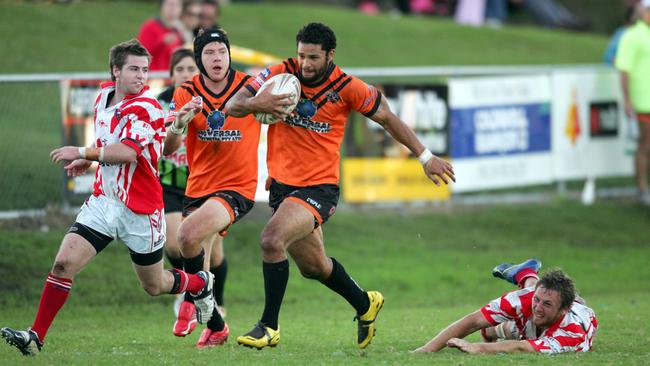 Gold Coast Rugby League match between the Currumbin Sea Eagles and the Southport Tigers at Currumbin Waters. Southport's Tu Whakatihi-Paikea (with ball).