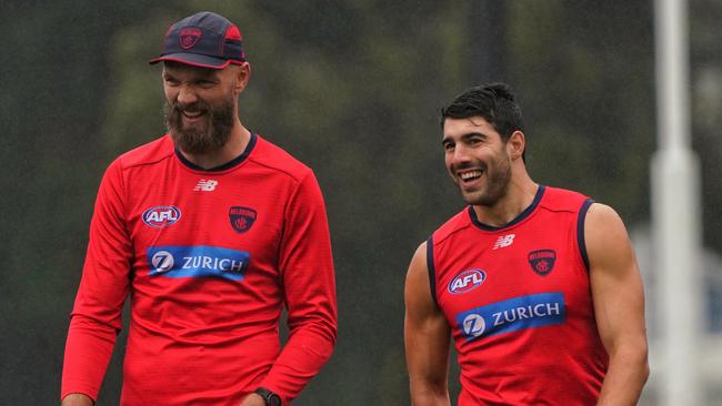 Max Gawn and Christian Petracca in happier times. Picture: Tess Gellie/Melbourne FC