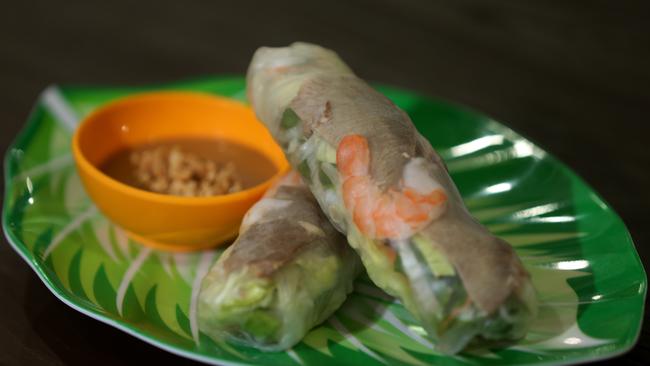 A Prawn and Pork Ricepaper roll with satay sauce for $5 at Pho Viet Vietnamese Noodle in Orchid Plaza. PICTURE: STEWART MCLEAN