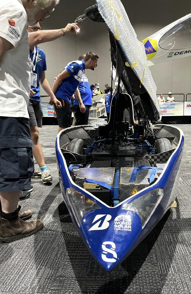 Team Belgium, the defending champions, having their electrical components tested by event officials. Picture: Darcy Jennings.