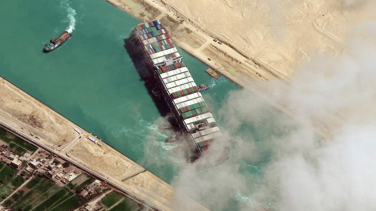 The MV Ever Given is now moving after being stuck in the Suez Canal for a week. Picture: Maxar Technologies / AFP