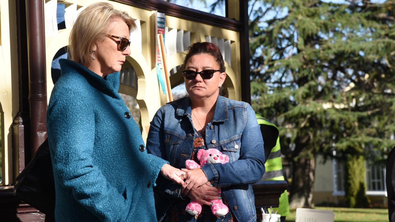 Paternal grandmother Michelle Hubbard and mum Bobbi-Lee Ketchell at a vigil in Launceston's city park for missing teenager Shyanne-Lee Tatnell, 14. Picture: Alex Treacy