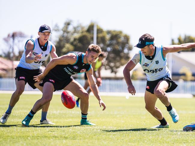 Zak Butters and Jackson Mead go after the ball. Picture: Port Adelaide FC