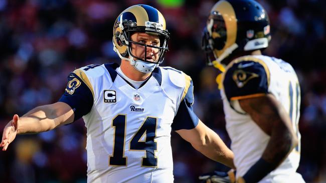 Quarterback Shaun Hill #14 of the St. Louis Rams celebrates with Tavon Austin #14.