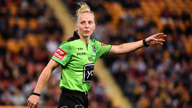 Referee Belinda Sharpe calls the shots during the Broncos-Bulldogs NRL clash. Picture: AAP