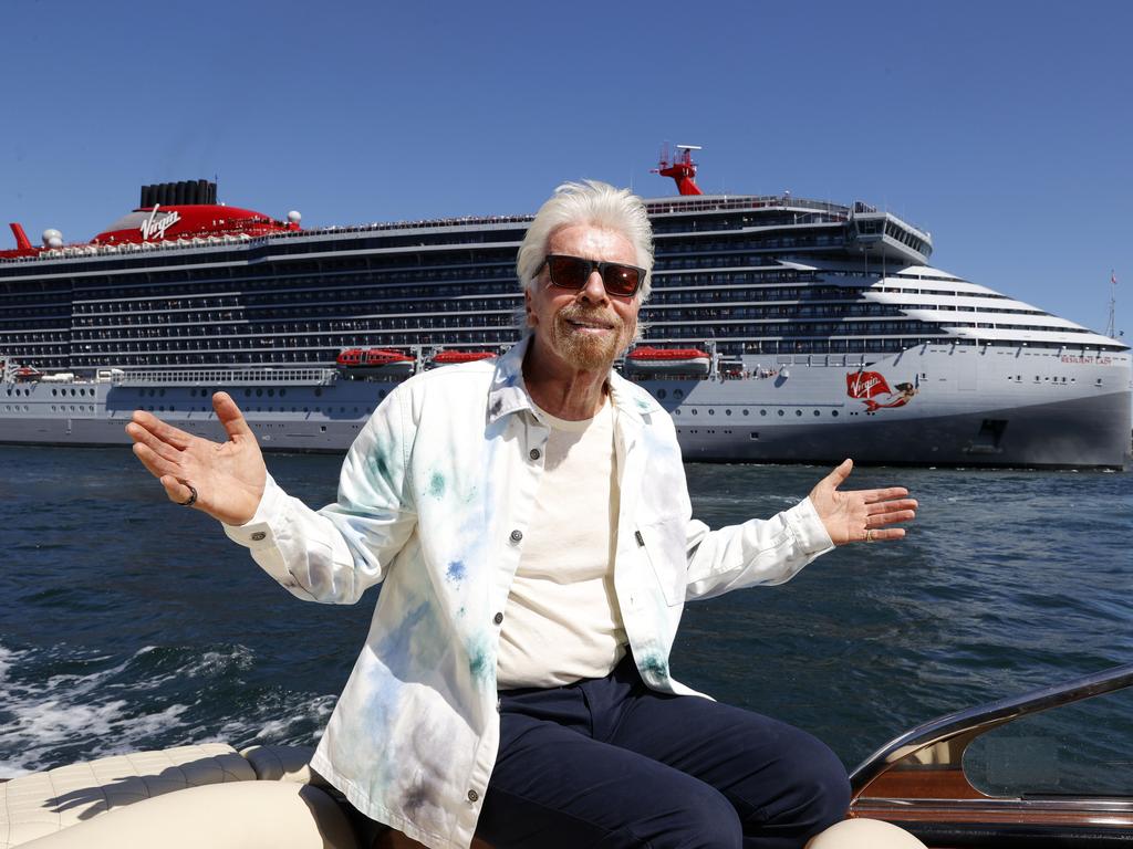 Richard Branson pictured in Sydney with the first Virgin Voyages cruise ship, twill co-pilot a stratospheric balloon flight. Picture: Jonathan Ng