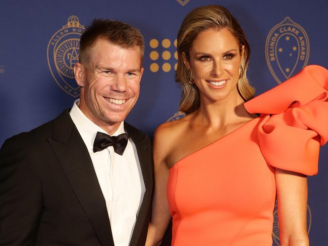 David Warner with Candice Warner at the Allan Border Medal. Picture: Andrew Tauber