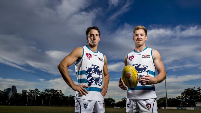 Broadbeach Cats players, Blake Erickson and Jackson Fisher at Subaru Oval. Picture: Jerad Williams