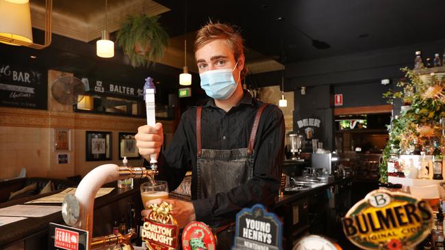 Daily Telegraph reporter Mitchell Morri at Bar Cleveland in Surry Hills in one of his hospitality jobs. Picture: Richard Dobson