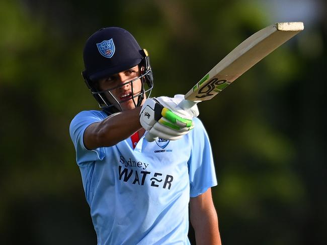 BRISBANE, AUSTRALIA - FEBRUARY 13: Sam Konstas of New South Wales celebrates his century during the ODC match between Queensland and New South Wales at Allan Border Field, on February 13, 2025, in Brisbane, Australia. (Photo by Albert Perez/Getty Images)