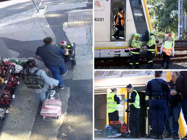 CCTV footage captures the family outside Carlton train station, left; emergency services, top, and forensics staff on site at the train station. Picture: Nine News, Damian Shaw