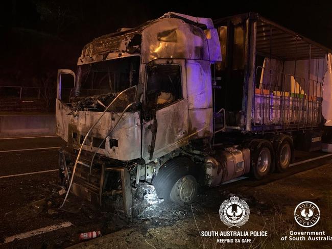 The truck driver was able to escape the fire. Picture: SAPOL