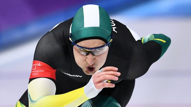 Daniel Greig in the men's 1,000m speed skating event at the Gangneung Oval.