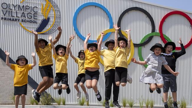 Students at Olympic Village Primary School in Heidelberg West are very excited about their new school. Picture: Andy Brownbill