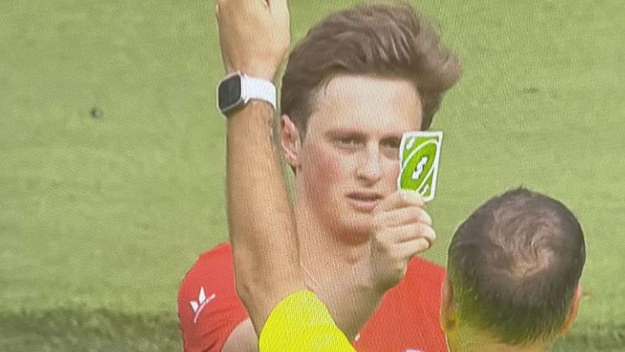 UK comedian Max Fosh produced a UNO reverse card in response to being booked by the referee during a charity match. Picture: screen grab/file image