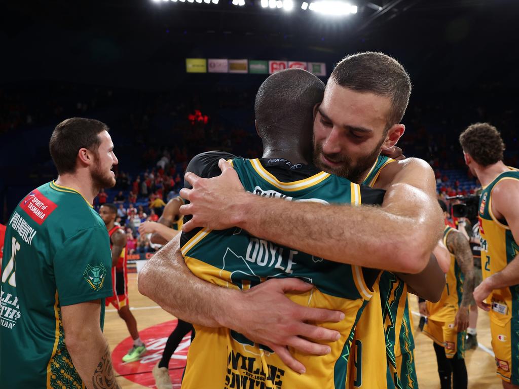 JackJumpers Milton Doyle and Jack McVeigh embrace after winning game three of the NBL semifinal series against Perth Wildcats. Picture: Getty Images