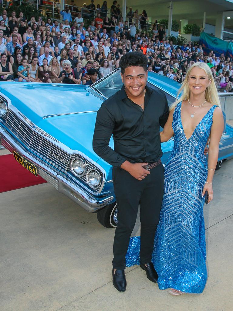 Sione Pousini and Molly Arho arriving at the Red Carpet arrivals at Sea World for the Pimpama SHS Formal 2023. Picture: Glenn Campbell