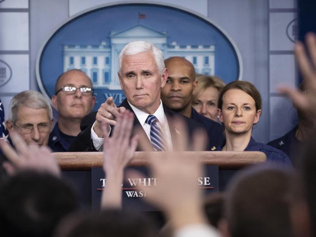 Vice President Mike Pence points to a question as he speaks during a briefing about the coronavirus in the James Brady Press Briefing Room of the White House. Picture: AP