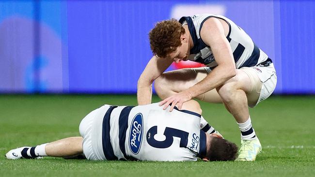 Jeremy Cameron was knocked out cold. (Photo by Michael Willson/AFL Photos via Getty Images)