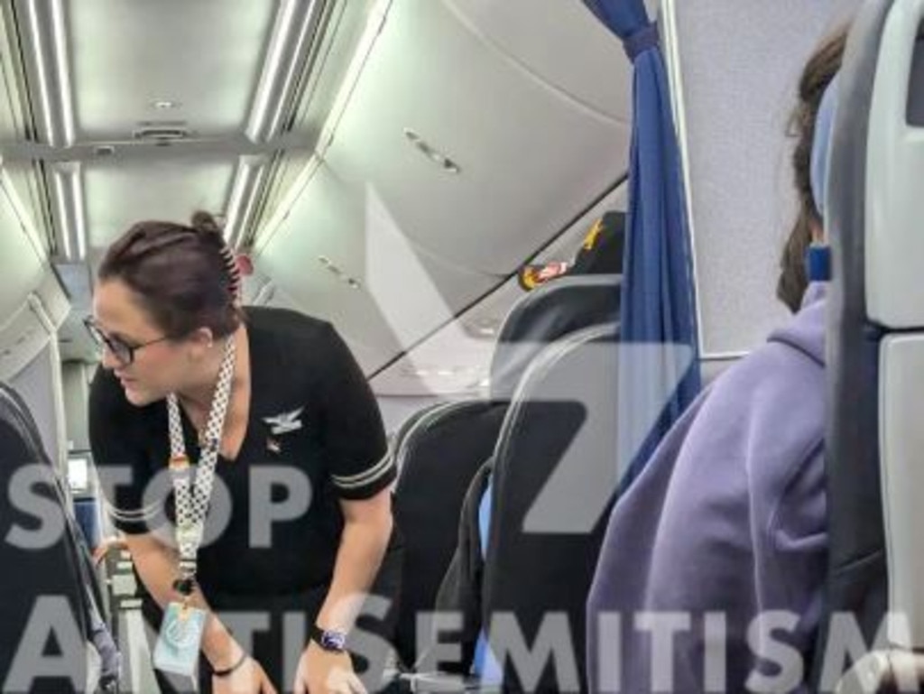 A United Airlines flight attendant was spotted wearing a Palestinian flag pin. Picture: StopAntisemitism